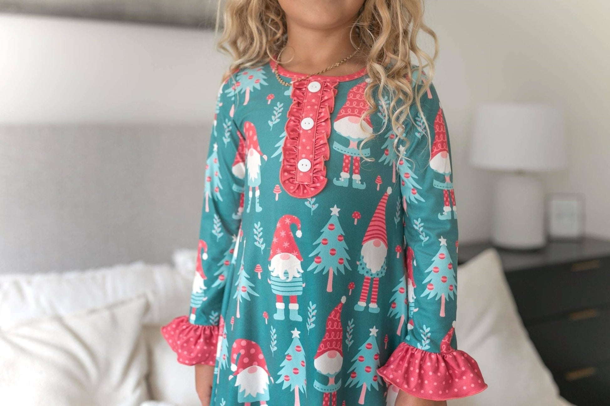 Kids Red Green Gnome Holiday Christmas Ruffle Lounge Gown - Tiny Tots Boutique