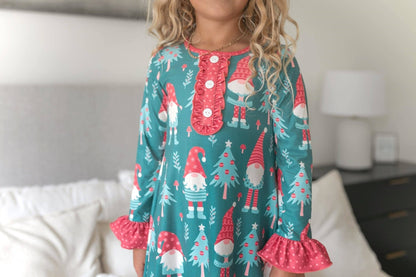 Kids Red Green Gnome Holiday Christmas Ruffle Lounge Gown - Tiny Tots Boutique