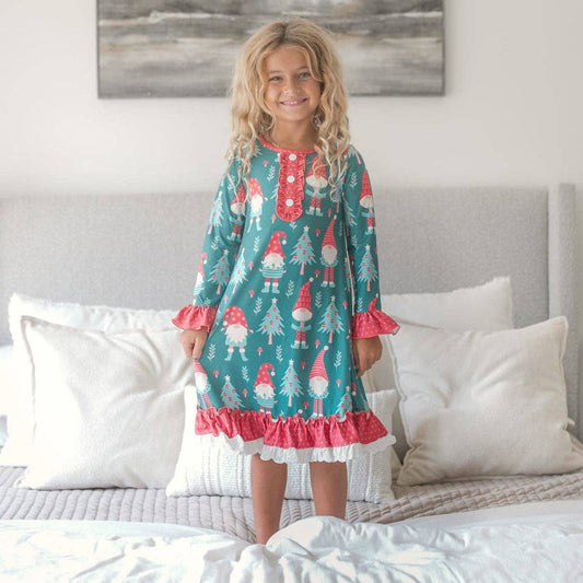 Kids Red Green Gnome Holiday Christmas Ruffle Lounge Gown - Tiny Tots Boutique