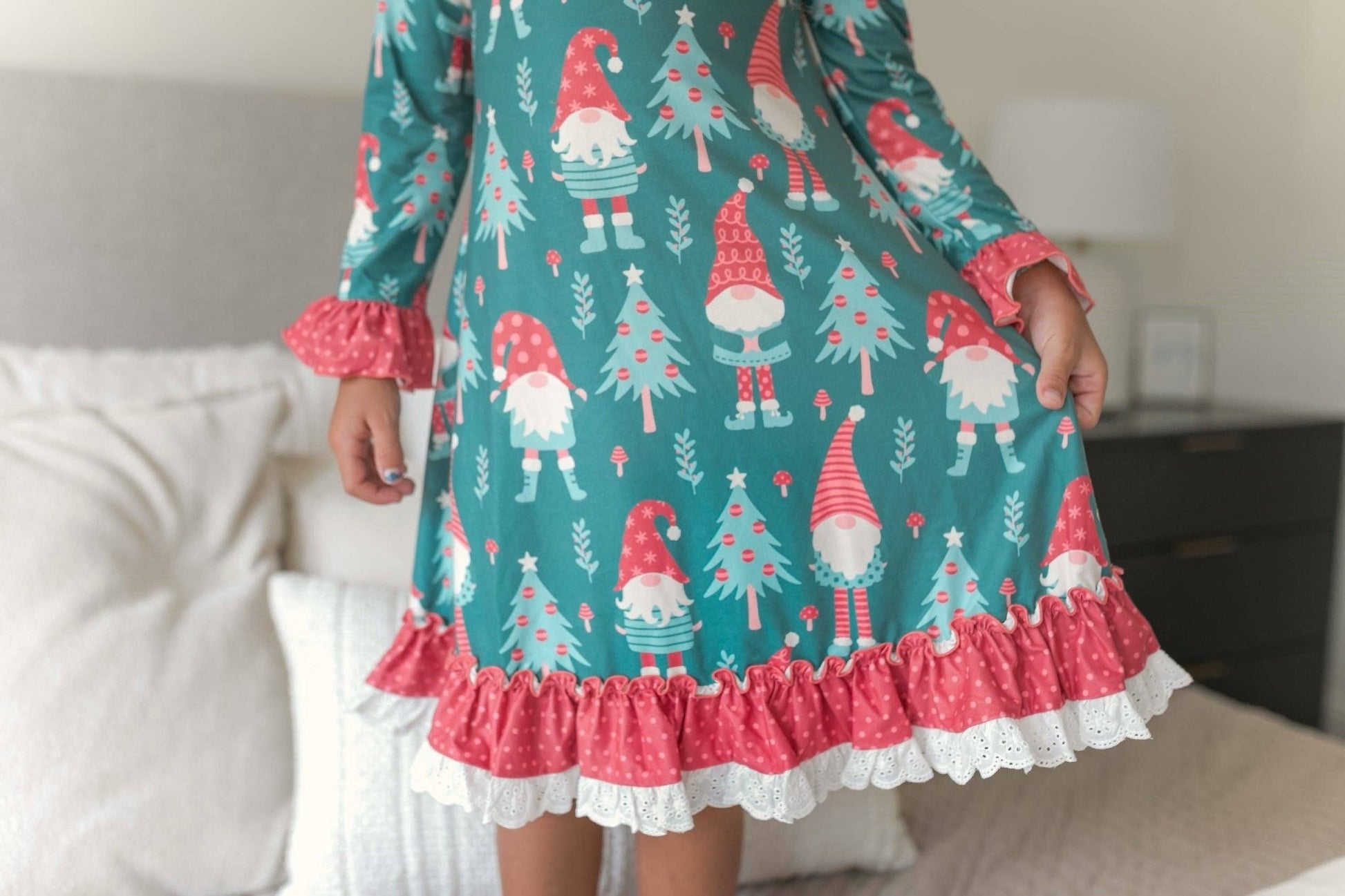 Kids Red Green Gnome Holiday Christmas Ruffle Lounge Gown - Tiny Tots Boutique
