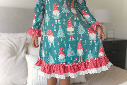 Kids Red Green Gnome Holiday Christmas Ruffle Lounge Gown - Tiny Tots Boutique