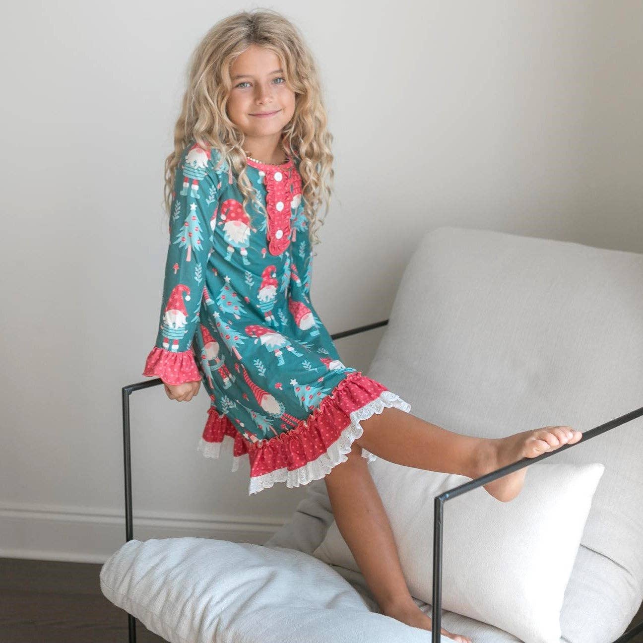 Kids Red Green Gnome Holiday Christmas Ruffle Lounge Gown - Tiny Tots Boutique