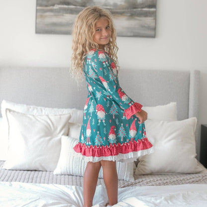 Kids Red Green Gnome Holiday Christmas Ruffle Lounge Gown - Tiny Tots Boutique