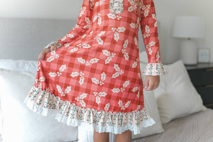 Kids Red Holly Christmas Holiday Ruffle Button Lounge Gown - Tiny Tots Boutique