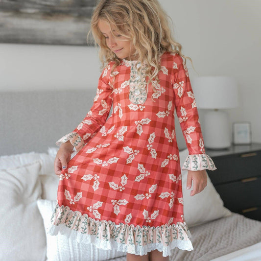 Kids Red Holly Christmas Holiday Ruffle Button Lounge Gown - Tiny Tots Boutique
