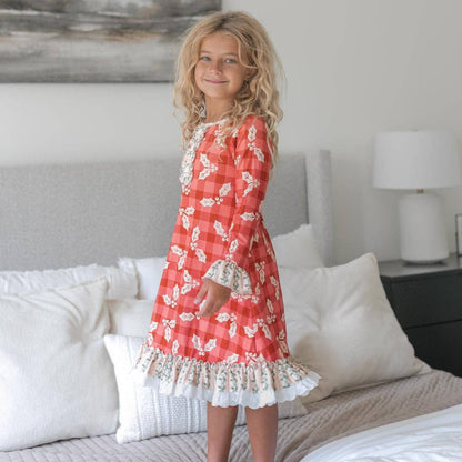 Kids Red Holly Christmas Holiday Ruffle Button Lounge Gown - Tiny Tots Boutique
