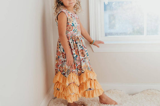 Kids Retro Butter Floral 3 Ruffle Spring Summer Easter Dress - Tiny Tots Boutique