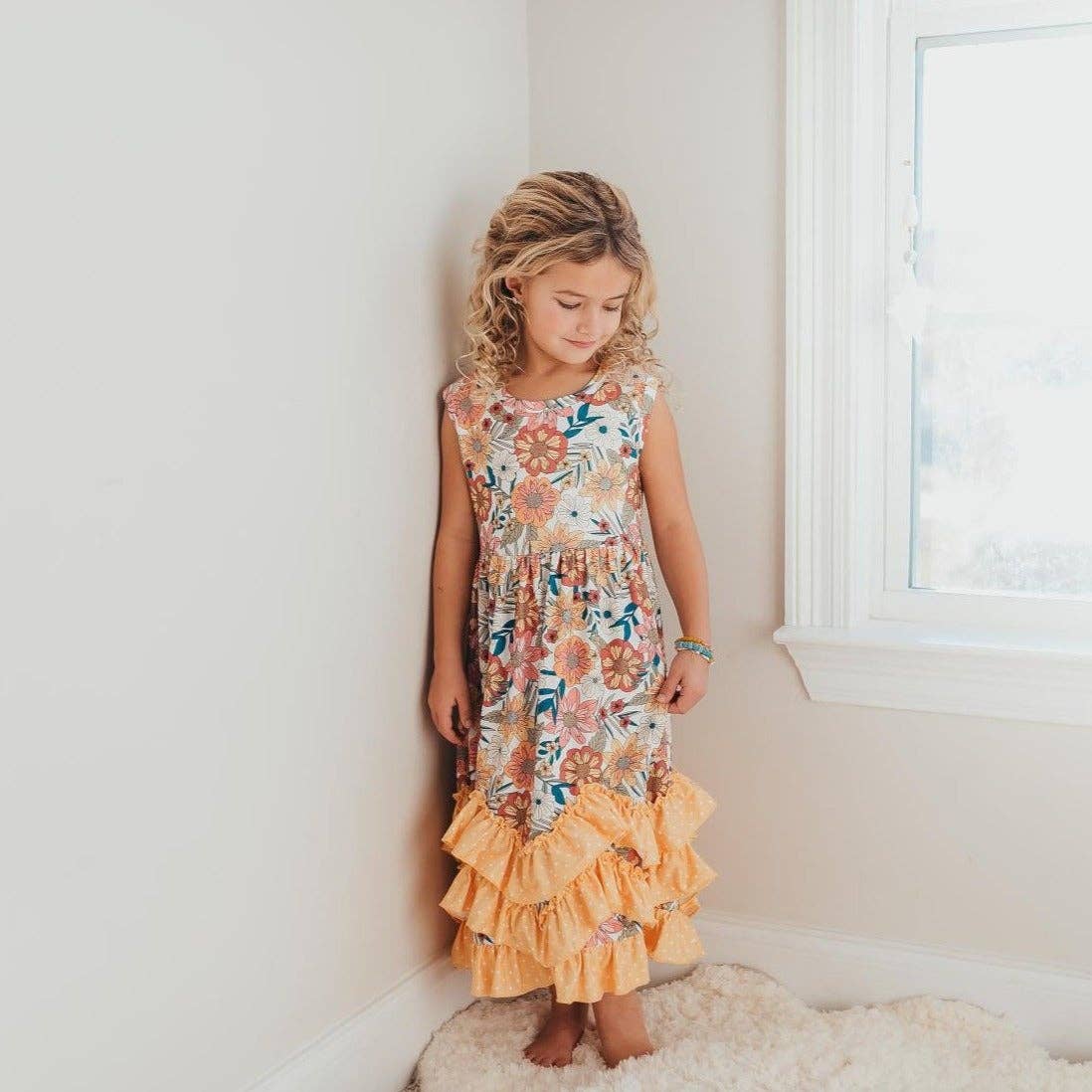 Kids Retro Butter Floral 3 Ruffle Spring Summer Easter Dress - Tiny Tots Boutique