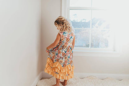 Kids Retro Butter Floral 3 Ruffle Spring Summer Easter Dress - Tiny Tots Boutique