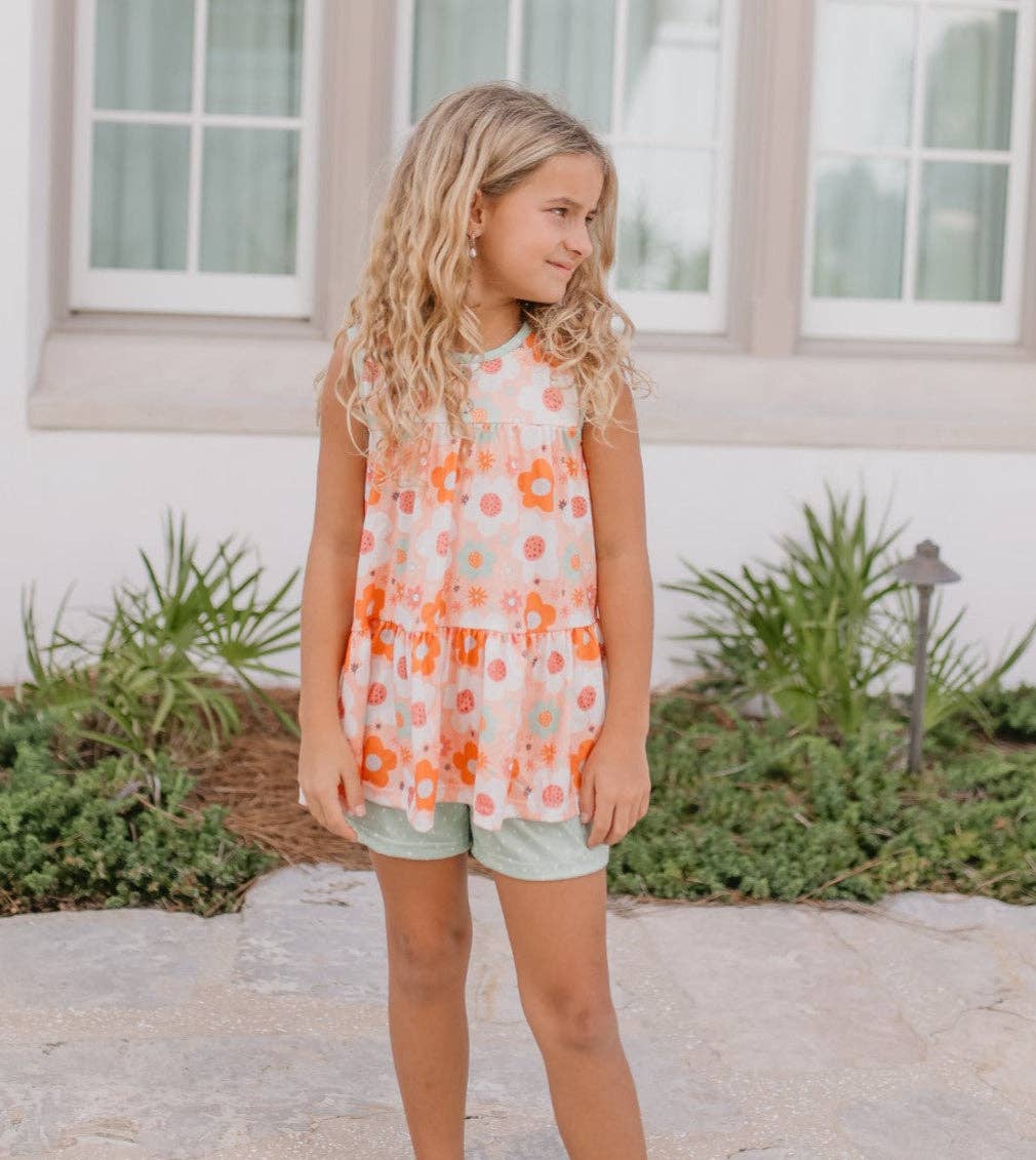 Kids Sage & Rust Retro Flower Spring Summer Short Set - Tiny Tots Boutique