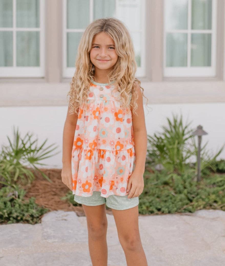 Kids Sage & Rust Retro Flower Spring Summer Short Set - Tiny Tots Boutique