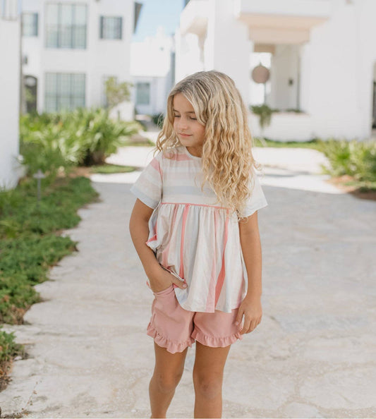 Kids Sand & Blush Stripe Pocket Ruffle Summer Short Set - Tiny Tots Boutique