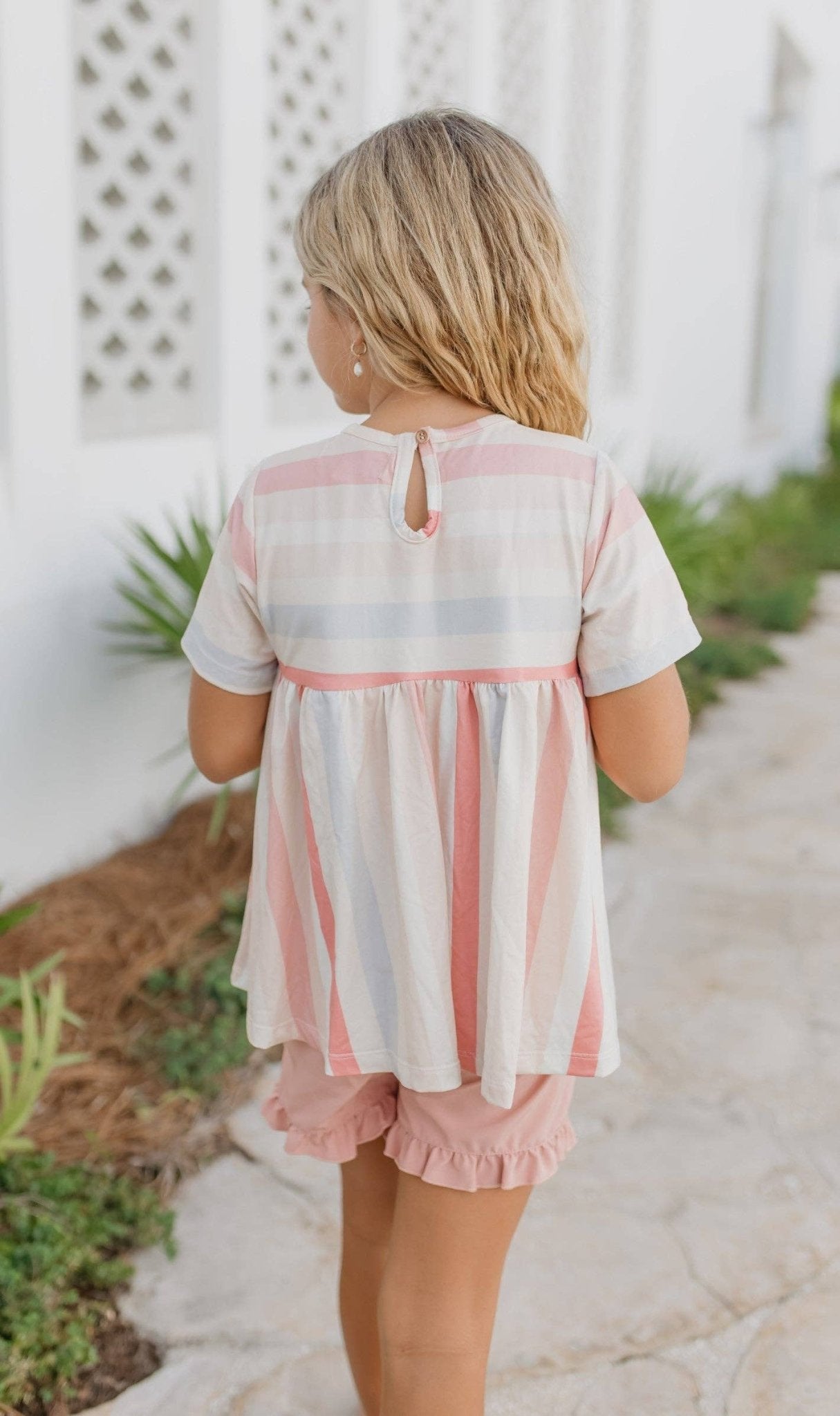 Kids Sand & Blush Stripe Pocket Ruffle Summer Short Set - Tiny Tots Boutique