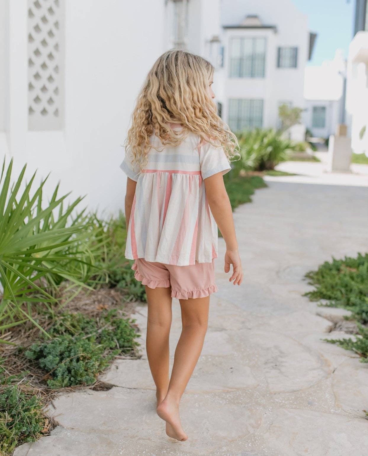 Kids Sand & Blush Stripe Pocket Ruffle Summer Short Set - Tiny Tots Boutique