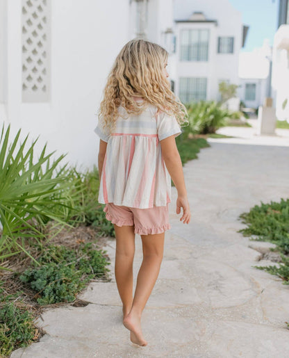 Kids Sand & Blush Stripe Pocket Ruffle Summer Short Set - Tiny Tots Boutique