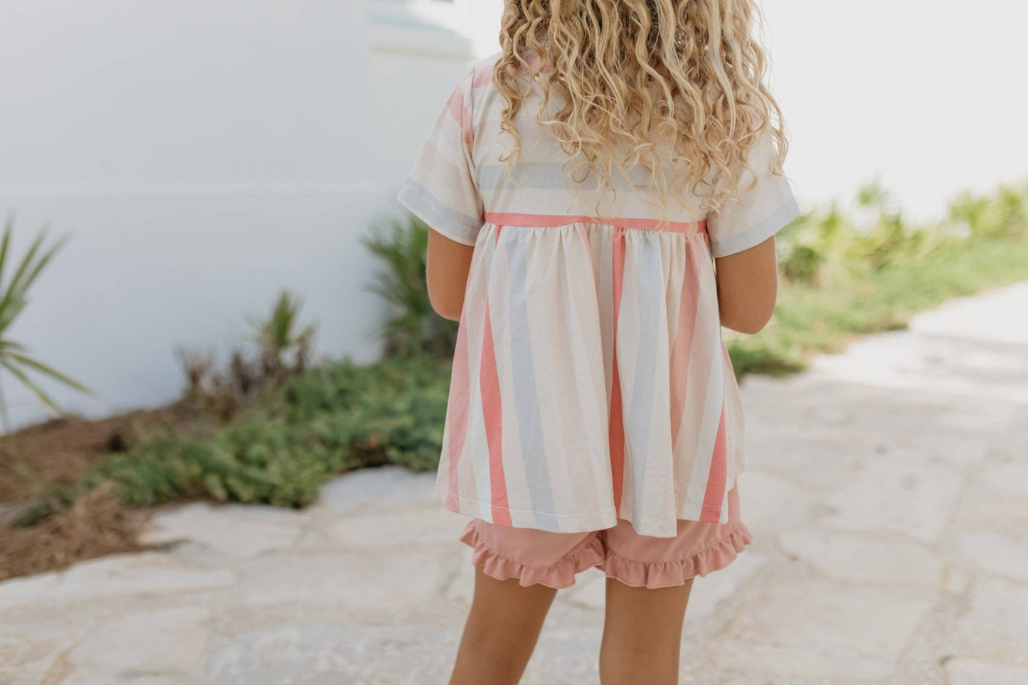 Kids Sand & Blush Stripe Pocket Ruffle Summer Short Set - Tiny Tots Boutique