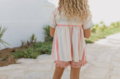 Kids Sand & Blush Stripe Pocket Ruffle Summer Short Set - Tiny Tots Boutique