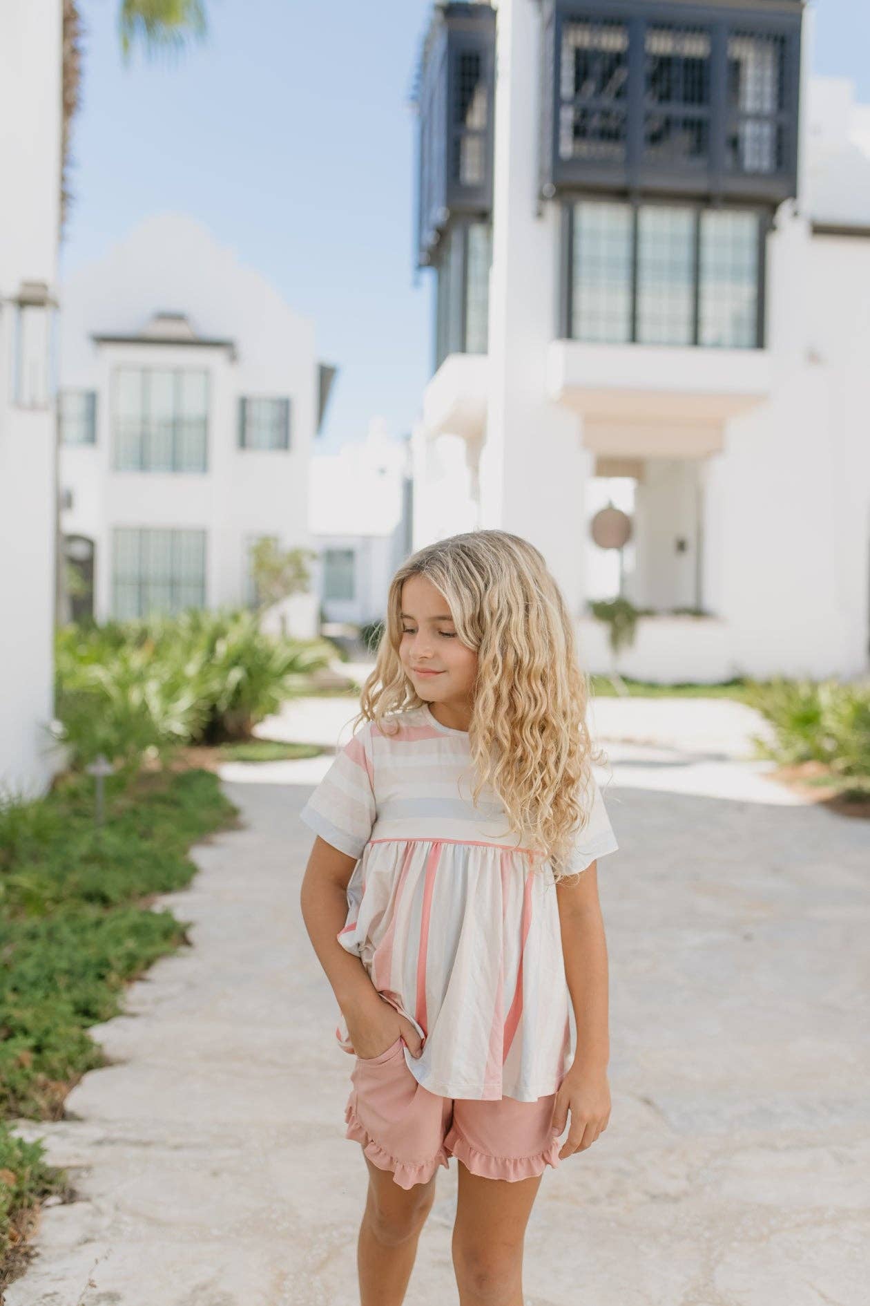 Kids Sand & Blush Stripe Pocket Ruffle Summer Short Set - Tiny Tots Boutique
