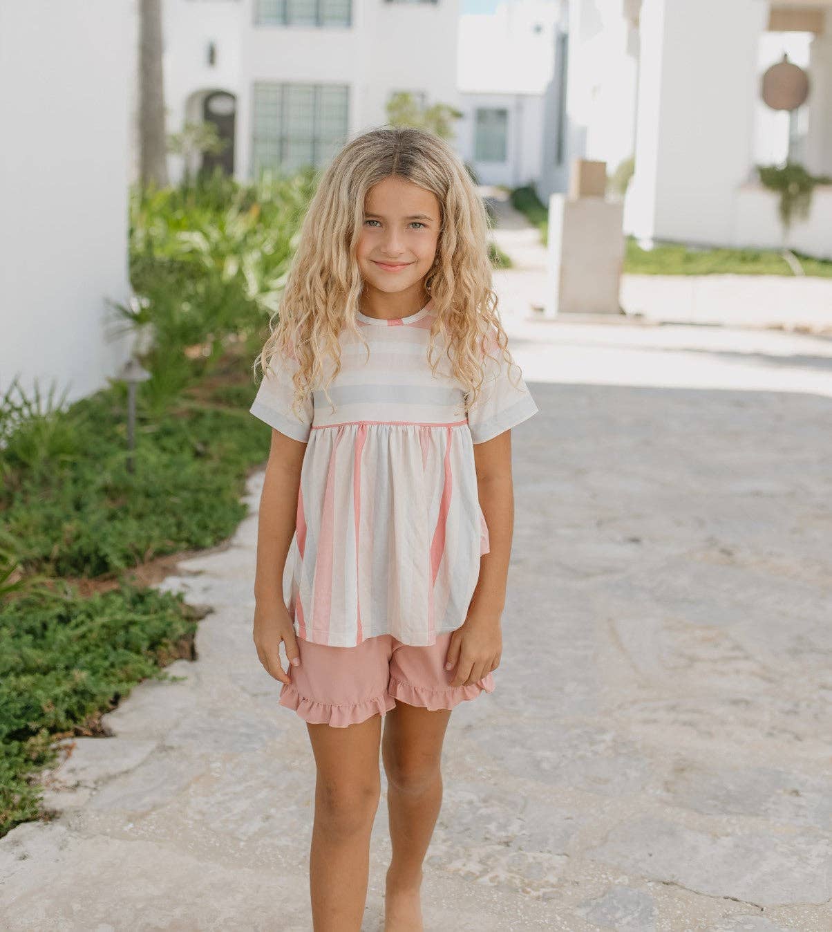 Kids Sand & Blush Stripe Pocket Ruffle Summer Short Set - Tiny Tots Boutique