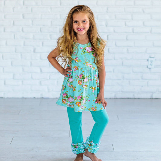 Kids Teal Pink Floral Lace Leggings Set - Tiny Tots Boutique