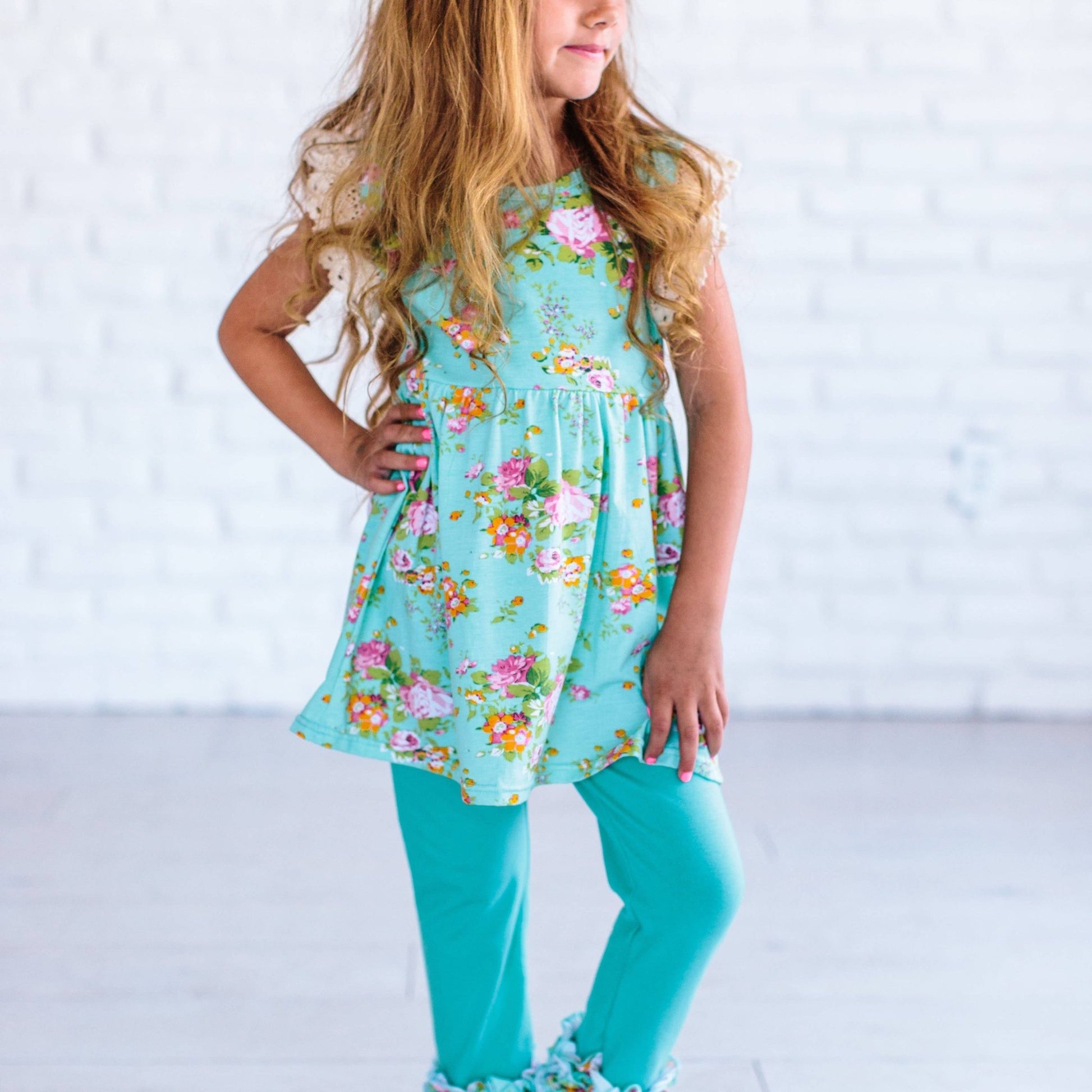 Kids Teal Pink Floral Lace Leggings Set - Tiny Tots Boutique
