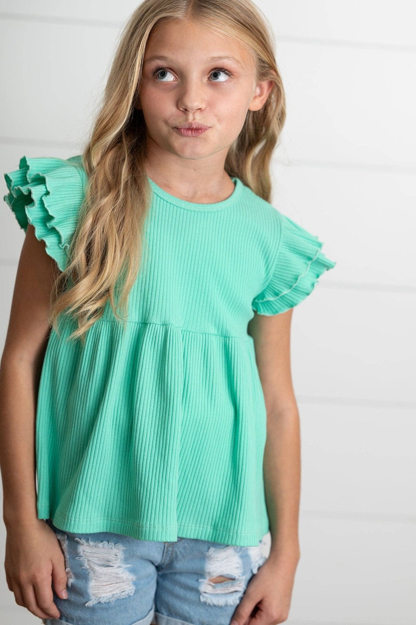 Kids Turquoise Double Ruffle Flutter Sleeve Spring Shirt - Tiny Tots Boutique
