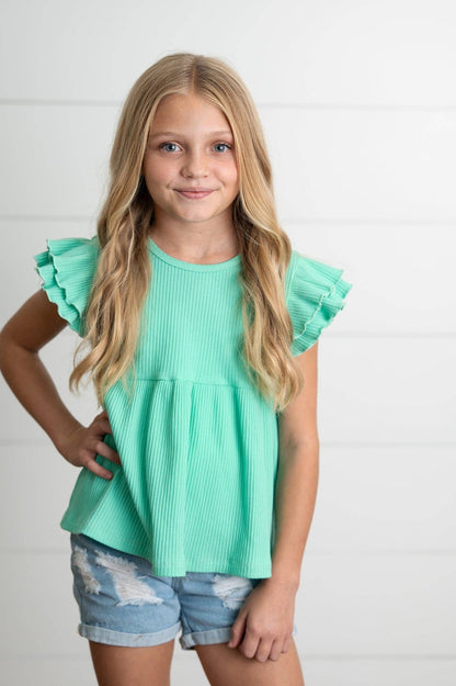 Kids Turquoise Double Ruffle Flutter Sleeve Spring Shirt - Tiny Tots Boutique
