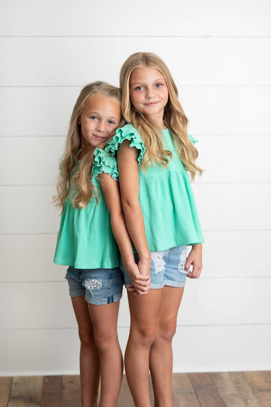 Kids Turquoise Double Ruffle Flutter Sleeve Spring Shirt - Tiny Tots Boutique