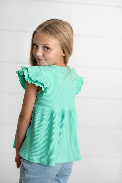 Kids Turquoise Double Ruffle Flutter Sleeve Spring Shirt - Tiny Tots Boutique