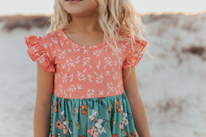 Kids Vintage Sage & Coral Floral Pocket Twirl Spring Dress - Tiny Tots Boutique