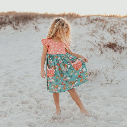 Kids Vintage Sage & Coral Floral Pocket Twirl Spring Dress - Tiny Tots Boutique