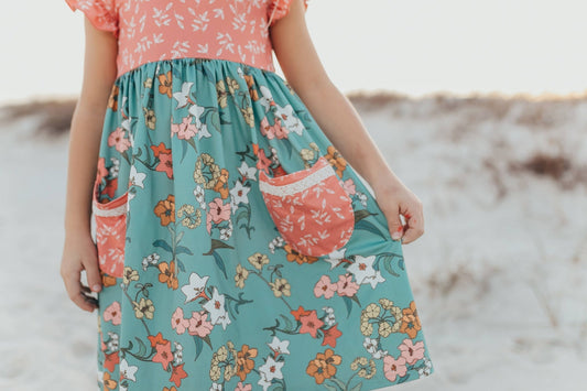 Kids Vintage Sage & Coral Floral Pocket Twirl Spring Dress - Tiny Tots Boutique