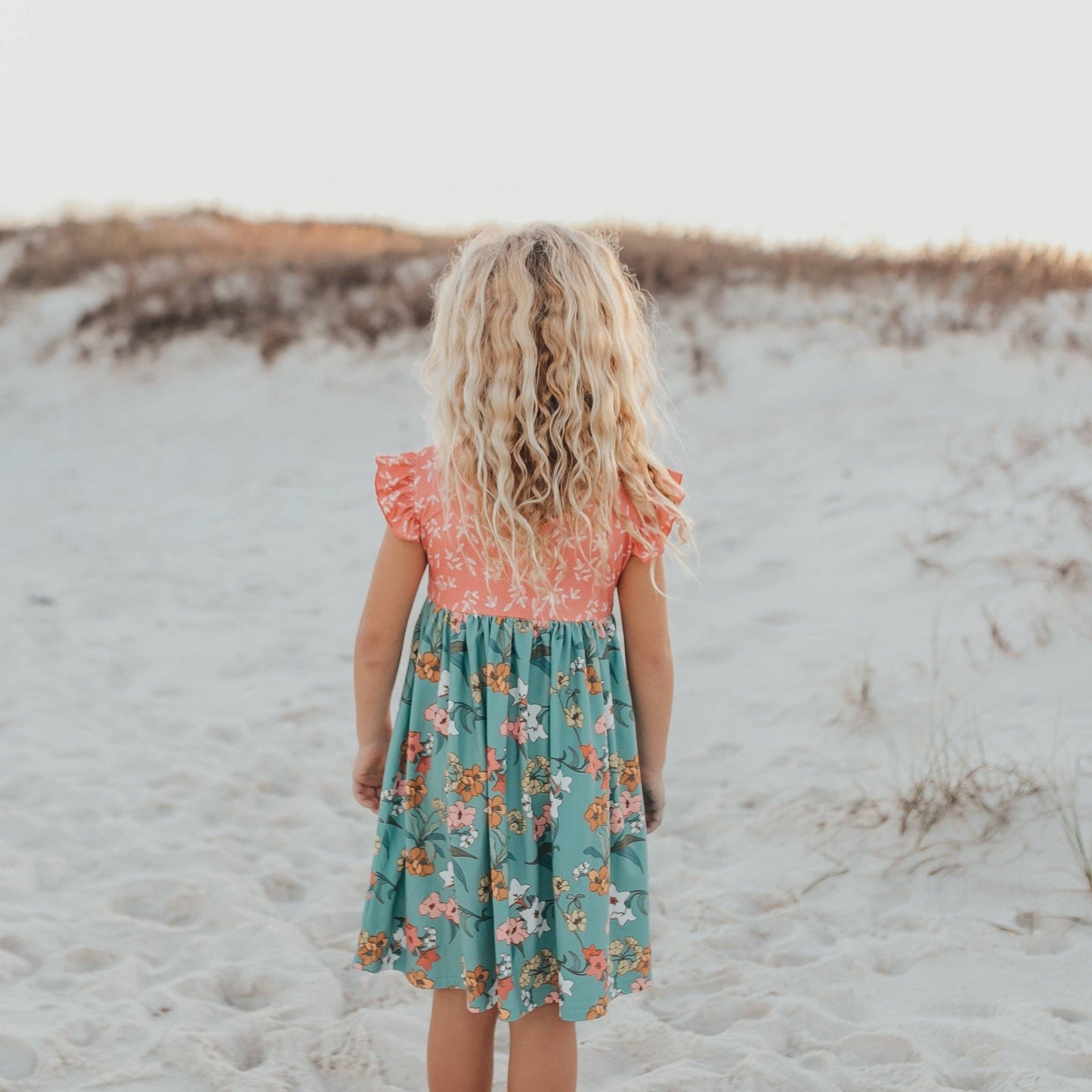 Kids Vintage Sage & Coral Floral Pocket Twirl Spring Dress - Tiny Tots Boutique