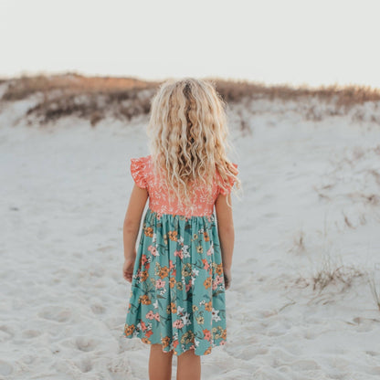 Kids Vintage Sage & Coral Floral Pocket Twirl Spring Dress - Tiny Tots Boutique