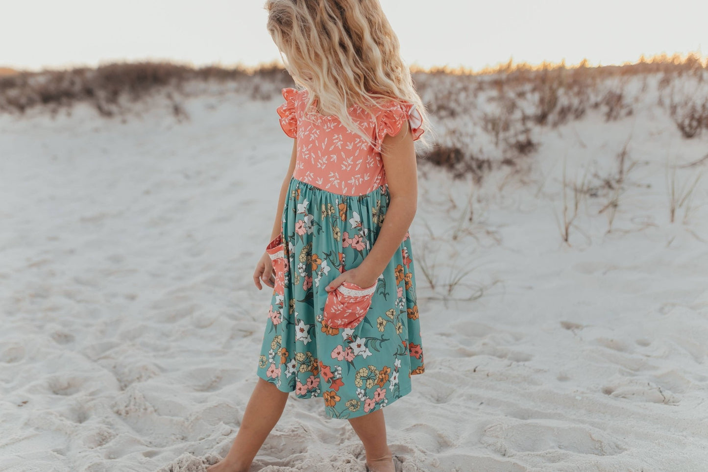 Kids Vintage Sage & Coral Floral Pocket Twirl Spring Dress - Tiny Tots Boutique