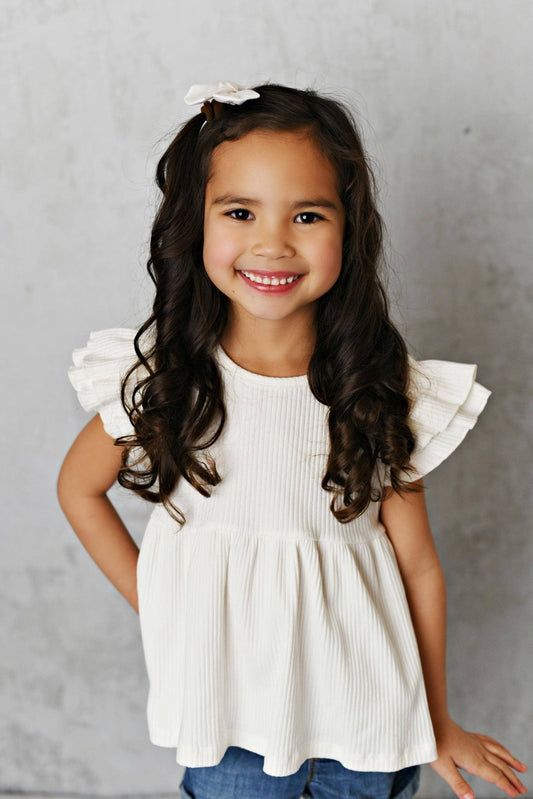 Kids White Double Ruffle Flutter Sleeve Spring Summer Shirt - Tiny Tots Boutique