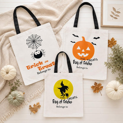 Reusable Halloween Tote Bag Personalized Kids Canvas Collection Custom Name Design Trick Or Treat Essential Black Handle Construction Spider Web Pattern Jack O Lantern Witch Moon Design Eco Friendly Candy Storage Perfect Party Favor Gift