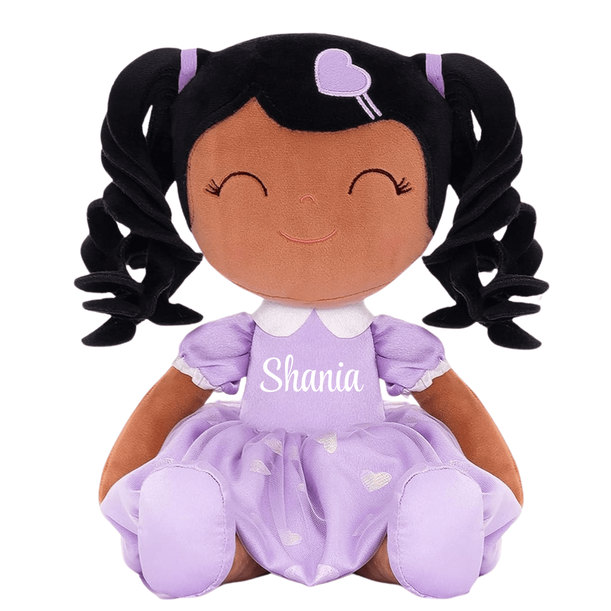 Personalized African American Plush Doll – Black Curly Hair with a Lilac Dress - Tiny Tots Boutique