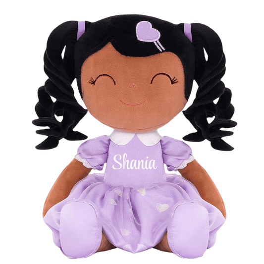 Personalized African American Plush Doll – Black Curly Hair with a Lilac Dress - Tiny Tots Boutique
