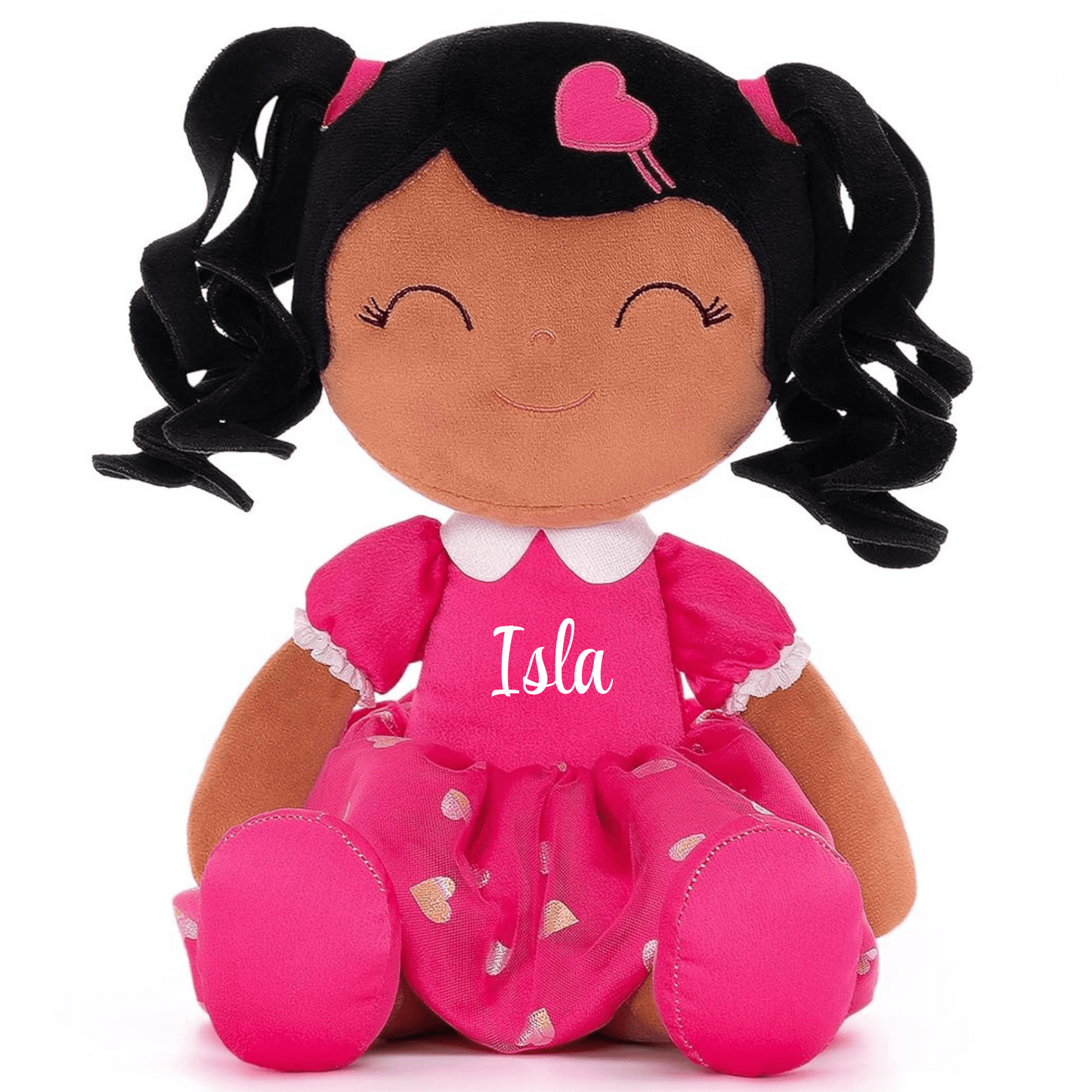 Personalized African American Plush Doll – Black Curly Hair with a Pink Dress - Tiny Tots Boutique