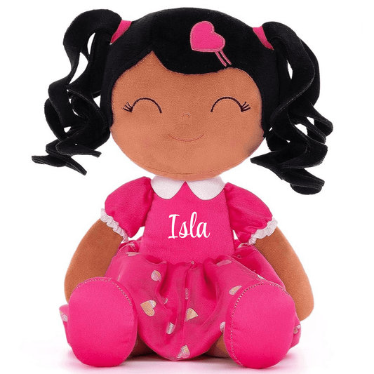 Personalized African American Plush Doll – Black Curly Hair with a Pink Dress - Tiny Tots Boutique