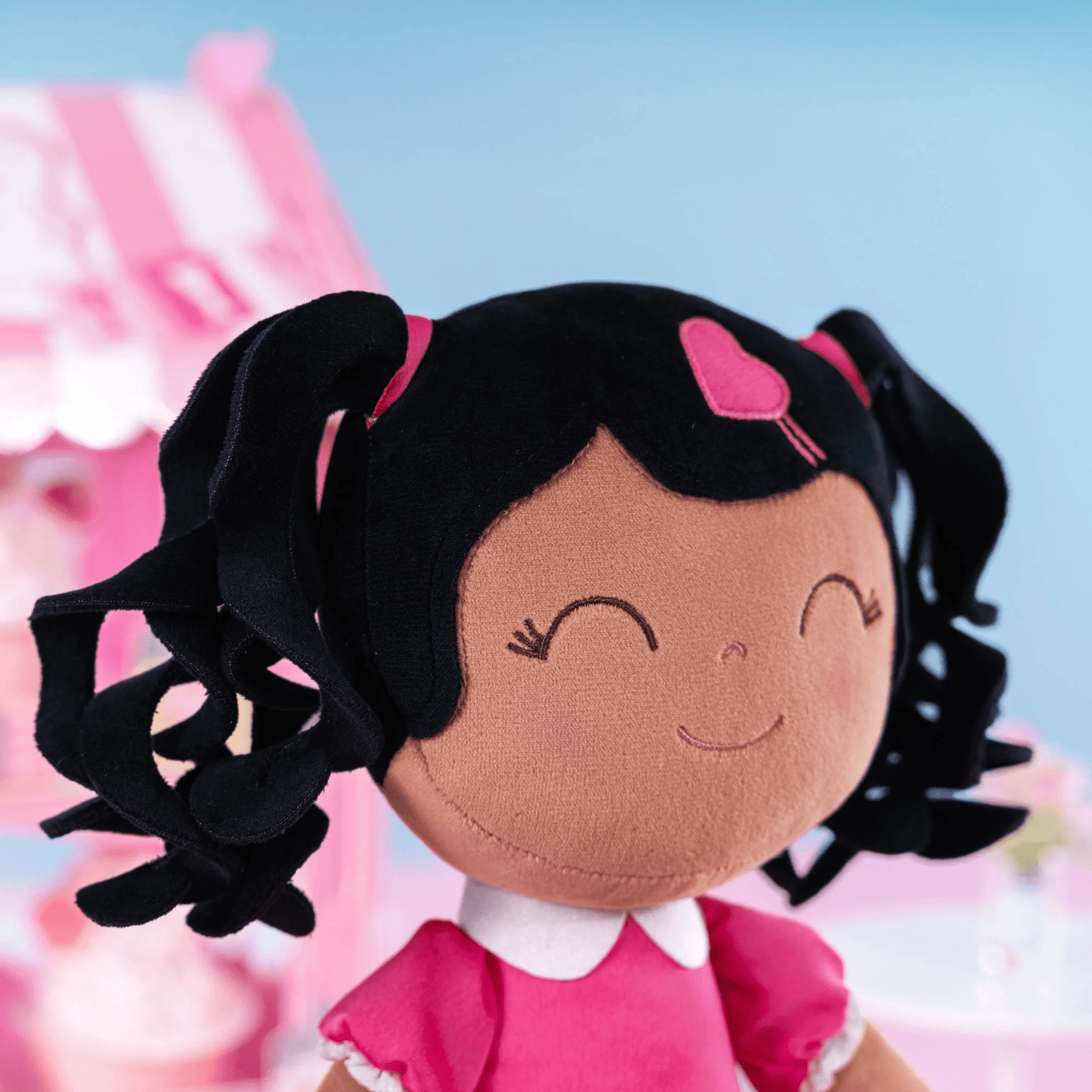 Personalized African American Plush Doll – Black Curly Hair with a Pink Dress - Tiny Tots Boutique