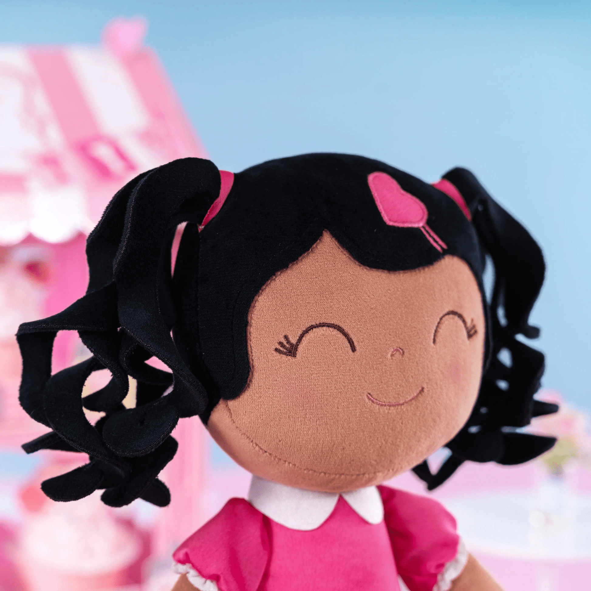 Personalized African American Plush Doll – Black Curly Hair with a Pink Dress - Tiny Tots Boutique