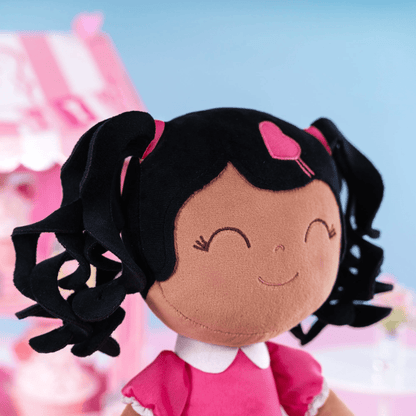 Personalized African American Plush Doll – Black Curly Hair with a Pink Dress - Tiny Tots Boutique