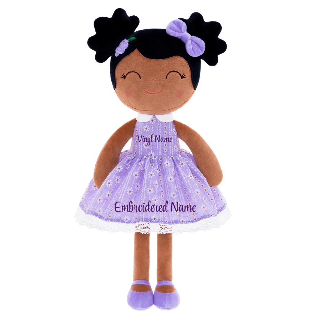 Personalized African American Plush Doll – Black Hair with a Lilac Dress - Tiny Tots Boutique