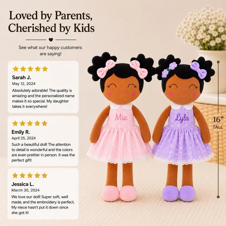 Personalized African American Plush Doll – Black Hair with a Lilac Dress - Tiny Tots Boutique