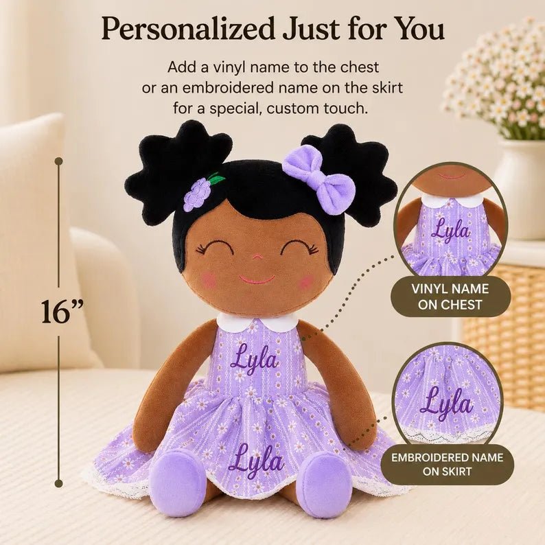 Personalized African American Plush Doll – Black Hair with a Lilac Dress - Tiny Tots Boutique