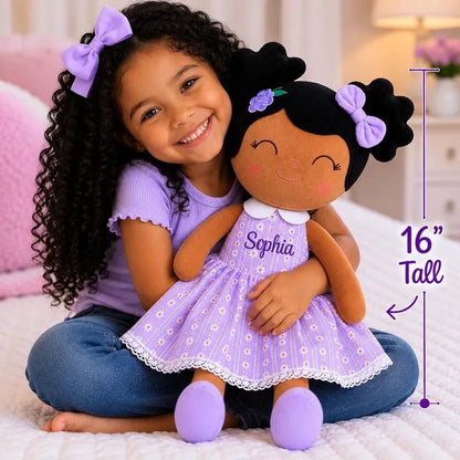 Personalized African American Plush Doll – Black Hair with a Lilac Dress - Tiny Tots Boutique