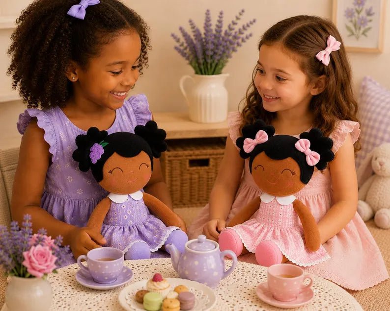 Personalized African American Plush Doll – Black Hair with a Lilac Dress - Tiny Tots Boutique