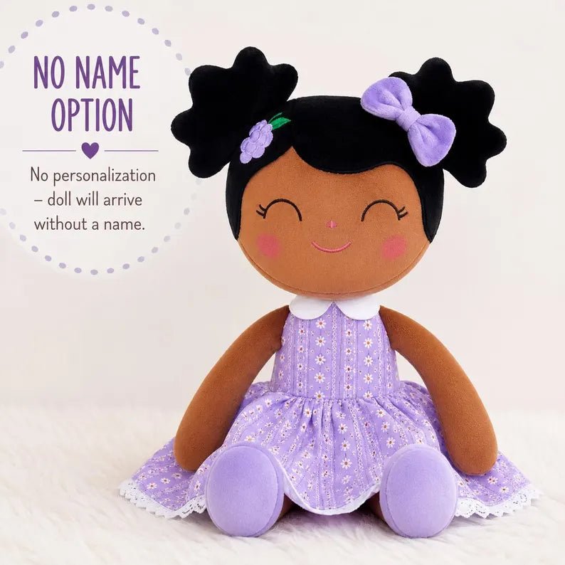 Personalized African American Plush Doll – Black Hair with a Lilac Dress - Tiny Tots Boutique